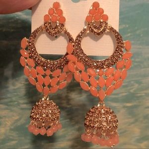 Dangle Earrings Imported from India~Peach Colored Stones w/ Gold Rhinestones NEW